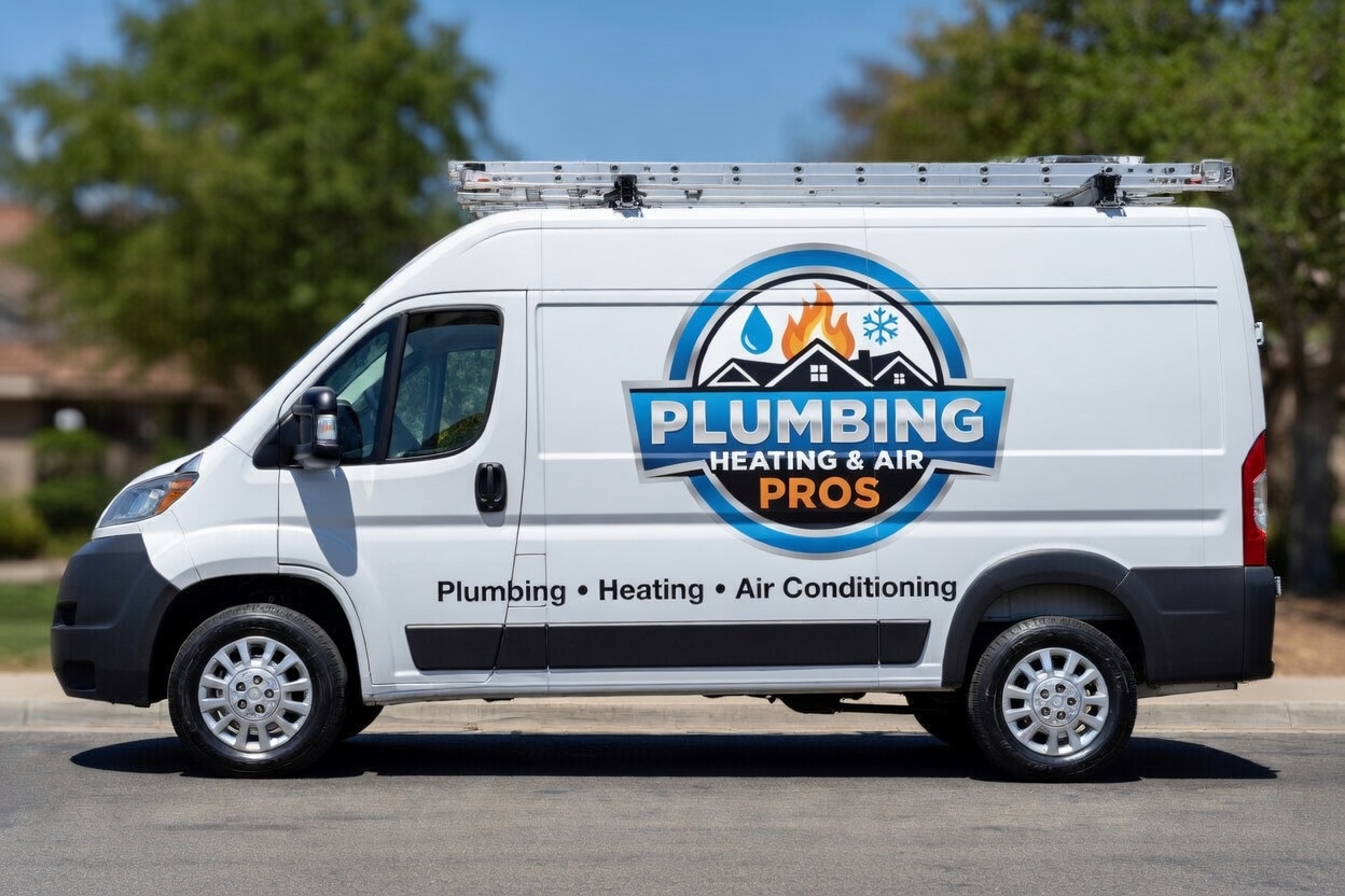Local plumbing heating and air service van serving Downey